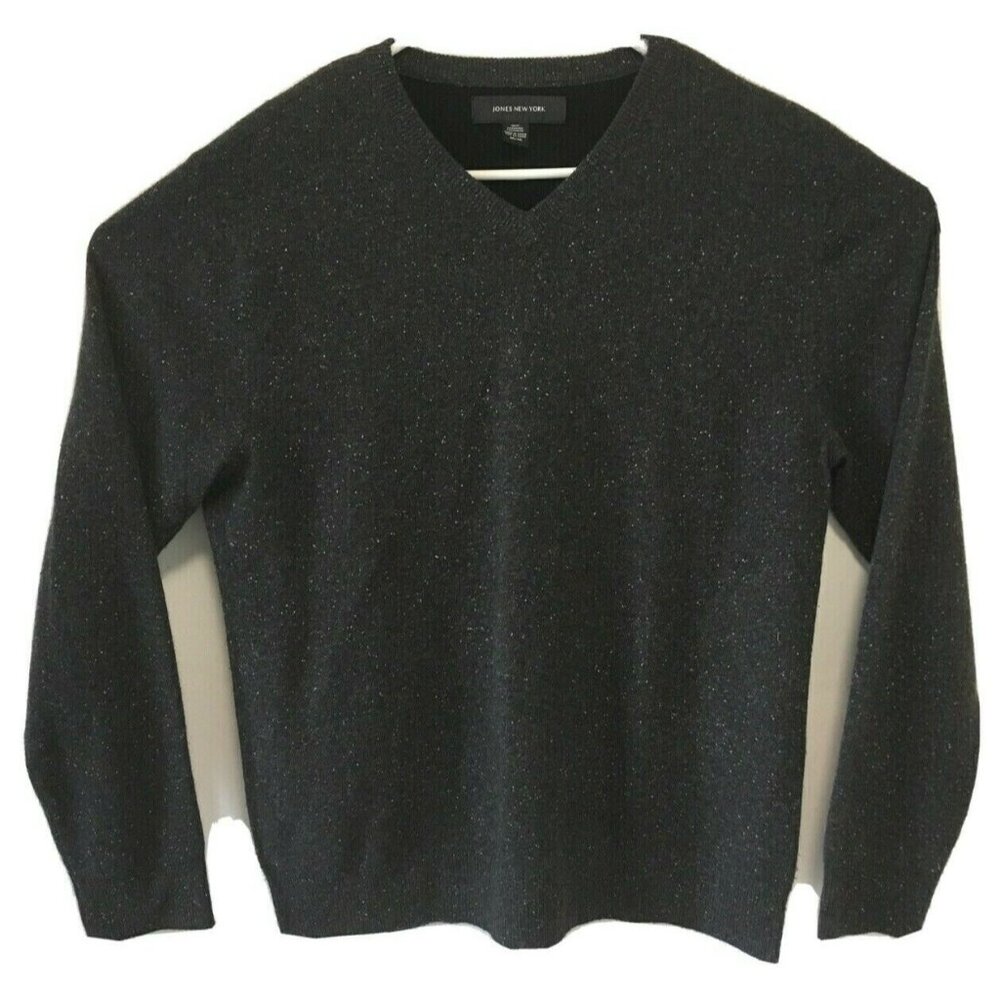 Jones New York Cashmere Men Sweater Gray V-neck Long Sleeves Speckled Knit Sz M